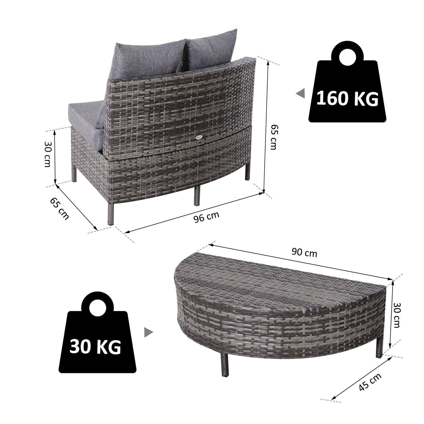 Rattan Garden Furniture 4 Seaters Half-Round Patio Outdoor Sofa & Table Set Wicker Weave Conservatory Cushioned Seat With Pillow - Grey