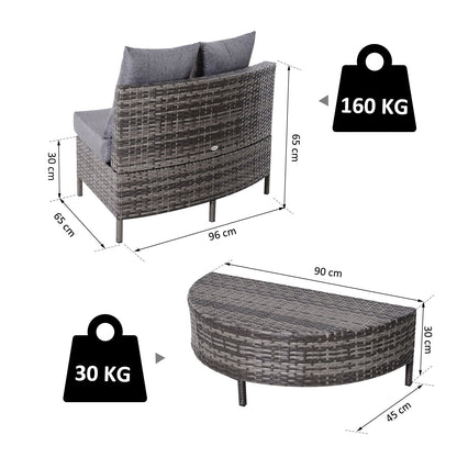 Rattan Garden Furniture 4 Seaters Half-Round Patio Outdoor Sofa & Table Set Wicker Weave Conservatory Cushioned Seat With Pillow - Grey