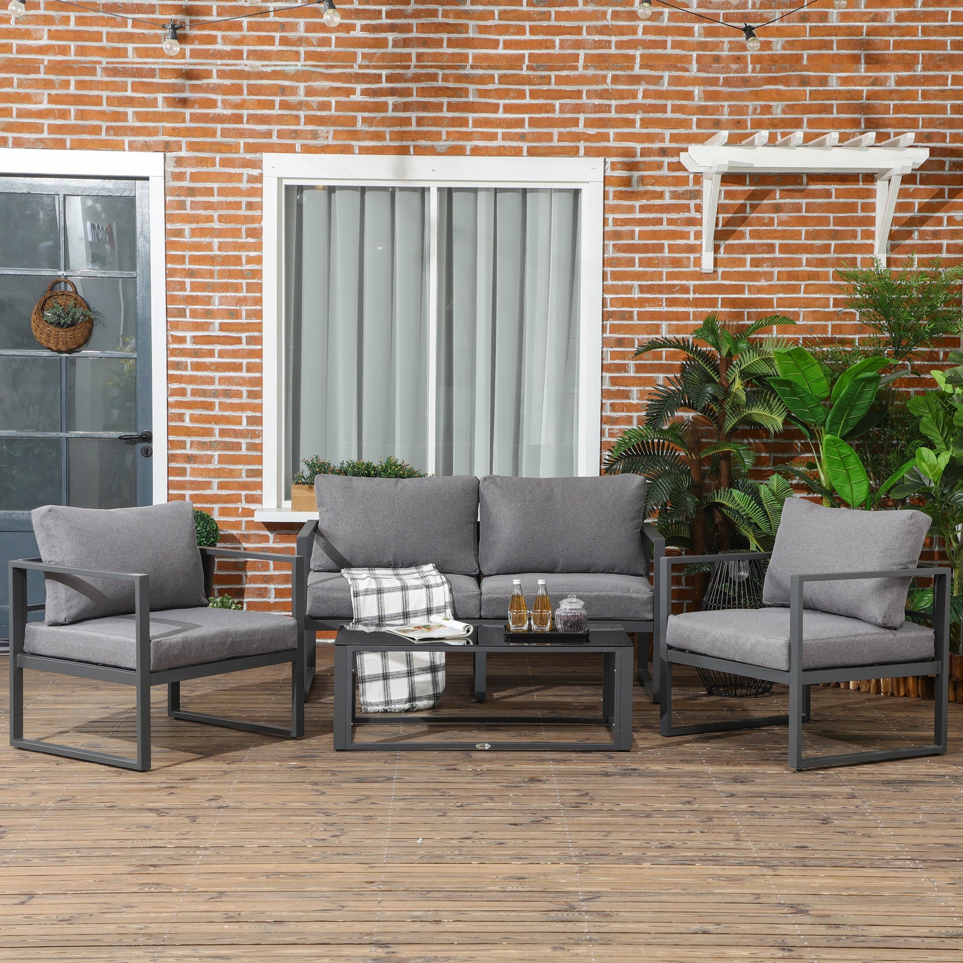 4-Pieces Garden Sofa Set 2 Single Armchair 1 Bench & Side Table Set Aluminium Frame Patio Furniture with Cushions Grey Primary Image