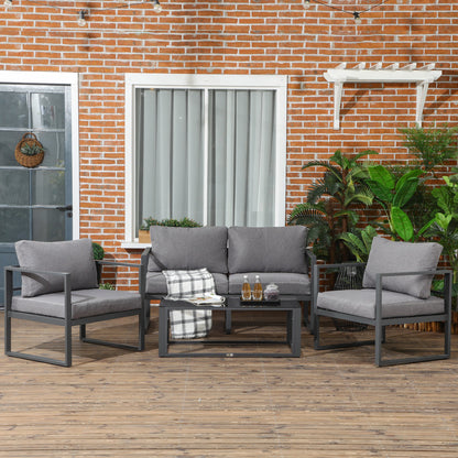 4-Pieces Garden Sofa Set 2 Single Armchair 1 Bench & Side Table Set Aluminium Frame Patio Furniture with Cushions Grey Primary Image