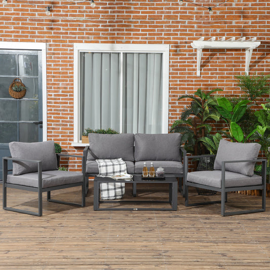 4-Pieces Garden Sofa Set 2 Single Armchair 1 Bench & Side Table Set Aluminium Frame Patio Furniture with Cushions Grey