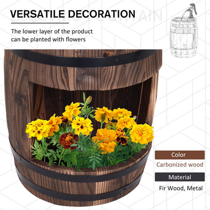 Fir Wood Barrel Pump Fountain W/ Flower Planter