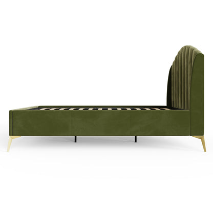 Pettine Double Ottoman Bed Wood & Fabric Green 5 x 7ft