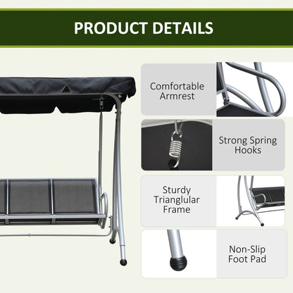 Three Person Steel Outdoor Porch Swing Chair Bench with Canopy Cover - Black