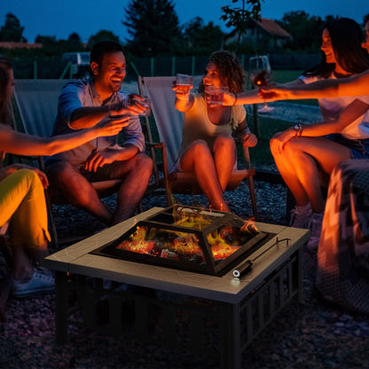 Metal Large Firepit Outdoor Square Fire Pit Brazier w/ Rain Cover