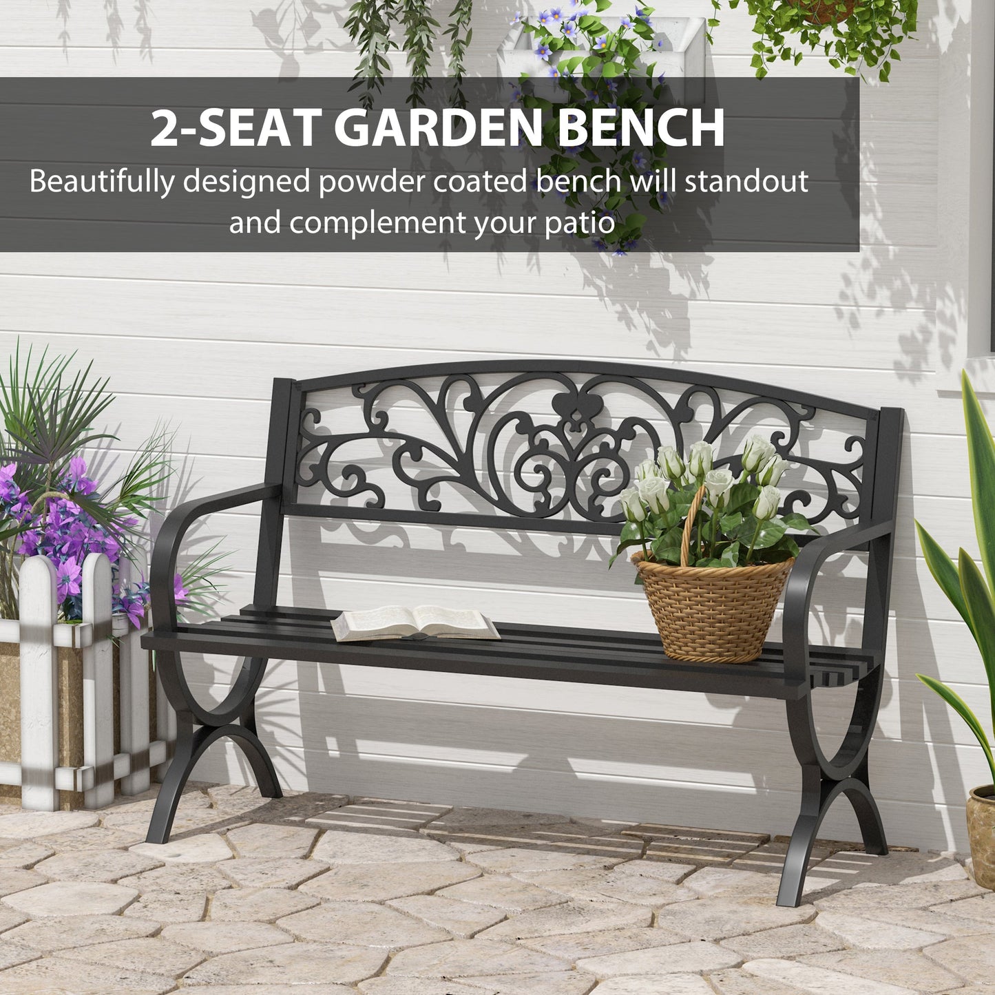 Outsunny 127L X 60W X 85H cm Powder Coated Garden Bench For Patio Backyard Steel-Black