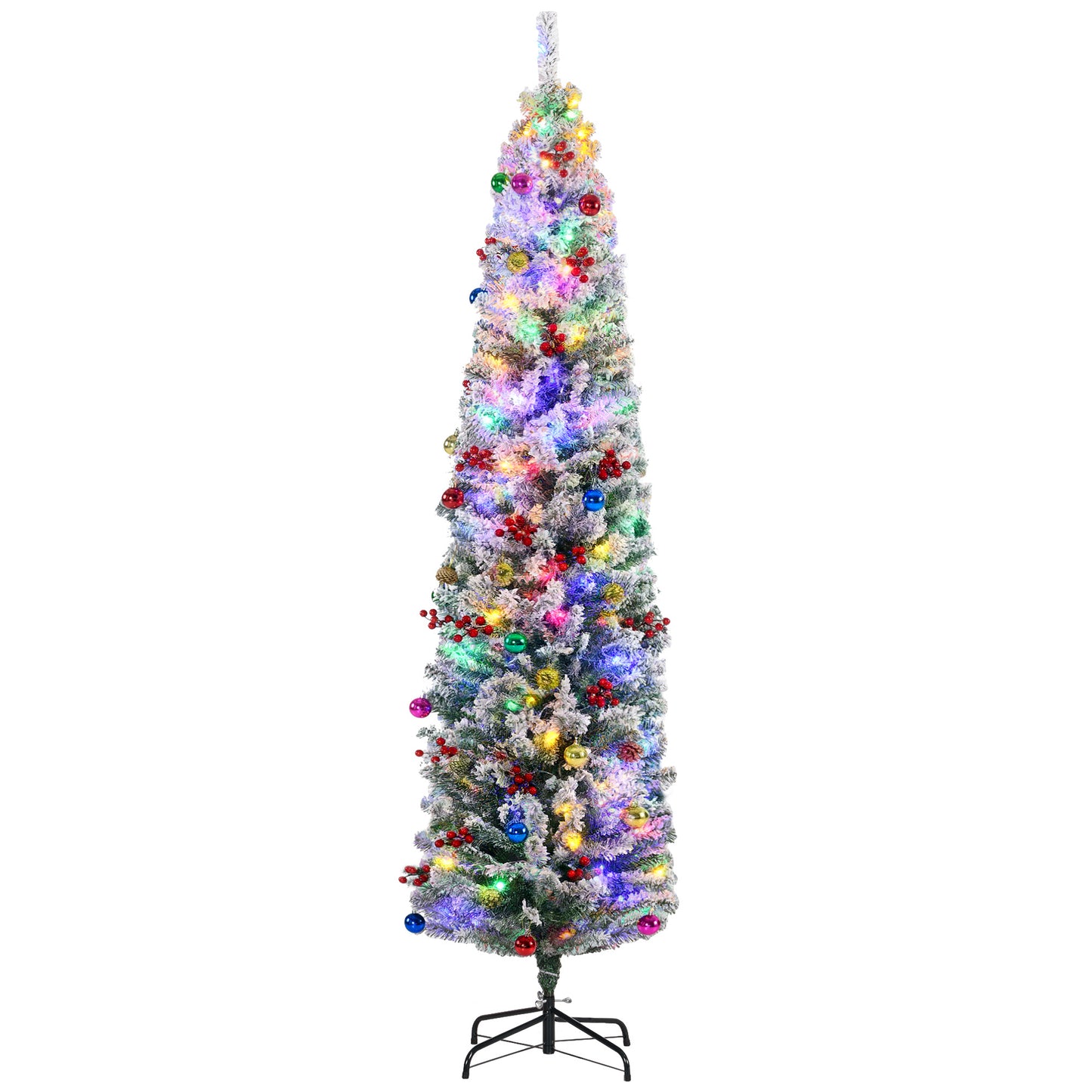 7ft Decorated Christmas Tree Artificial - White Frosted Green with LED Lights Multicoloured 592 Tips