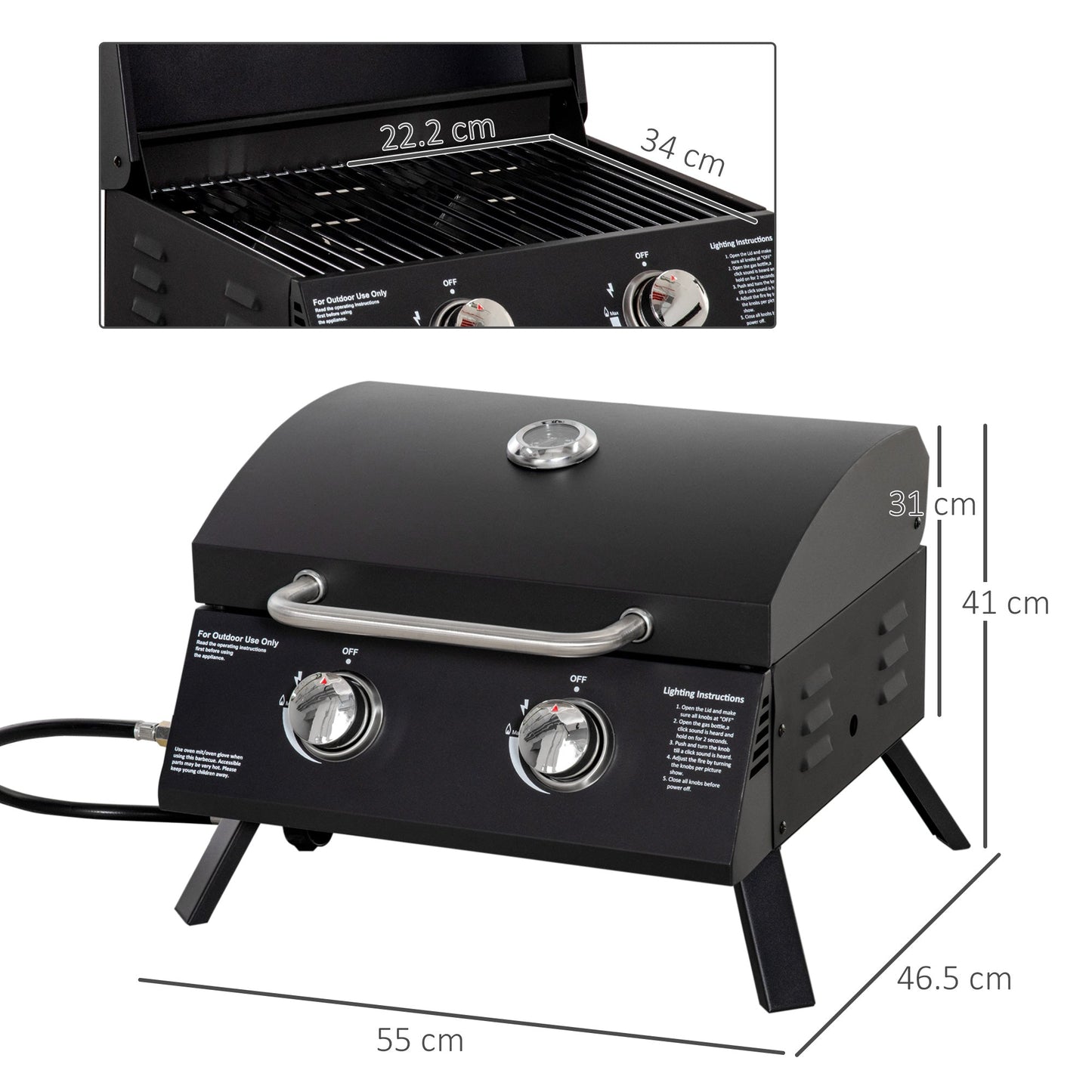 2 Burner Gas BBQ Grill Outdoor Portable Folding Tabletop Barbecue w/ Lid