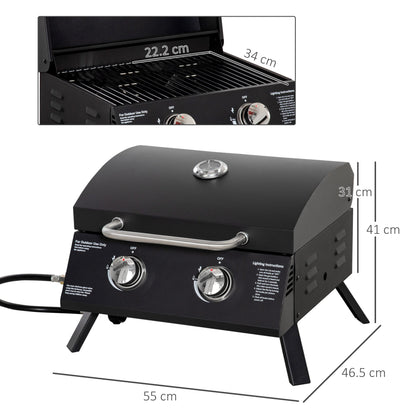 2 Burner Gas BBQ Grill Outdoor Portable Folding Tabletop Barbecue w/ Lid