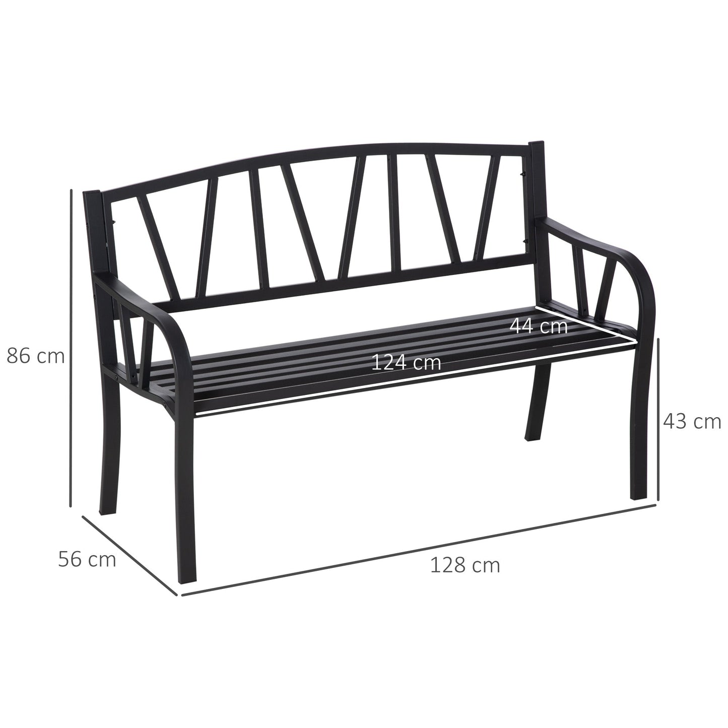 2 Seater Garden Bench Metal Loveseat w/ Decorative Backrest Ergonomic Armrest