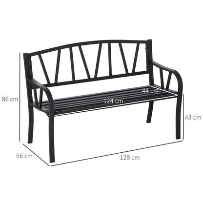 2 Seater Garden Bench Metal Loveseat w/ Decorative Backrest Ergonomic Armrest