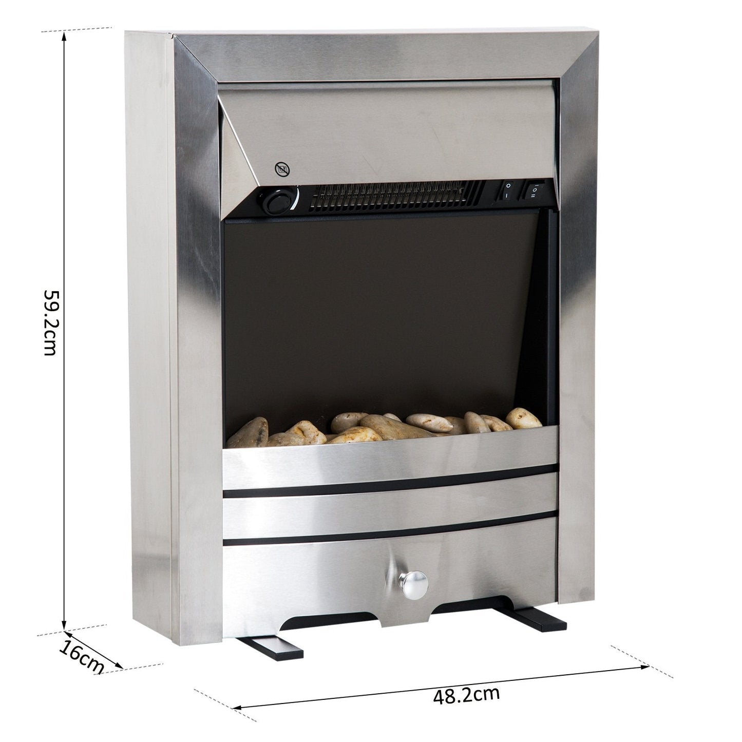 2KW Stainless Steel Electric Fireplace Pebble Burning Effect Heater Fire Flame Indoor Stove LED Lighting