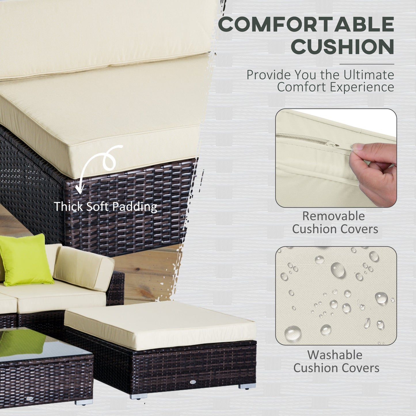 6 PC Rattan Sofa Coffee Table Set Sectional Wicker Weave Furniture for Garden Outdoor Conservatory w/ Pillow Cushion Brown