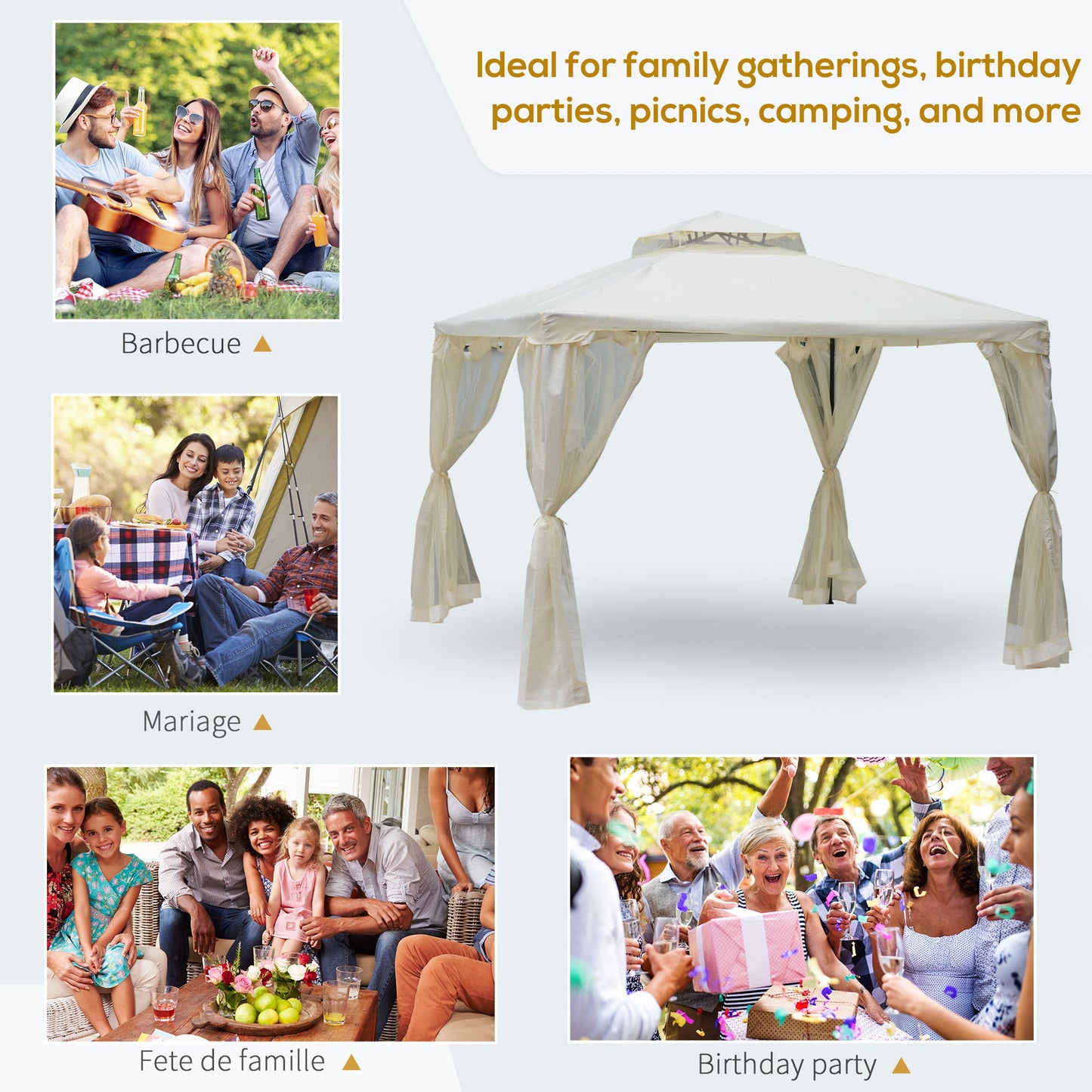 3 x 3 Meter Metal Gazebo Garden Outdoor 2-tier Roof Marquee Party Tent Canopy Pavillion Patio Shelter with Netting - Cream White