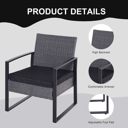 2 Seater Rattan Patio Set W/ Cushions-Grey/Black