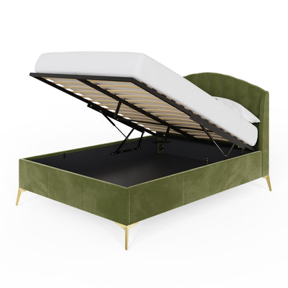 Pettine Double Ottoman Bed Wood & Fabric Green 5 x 7ft