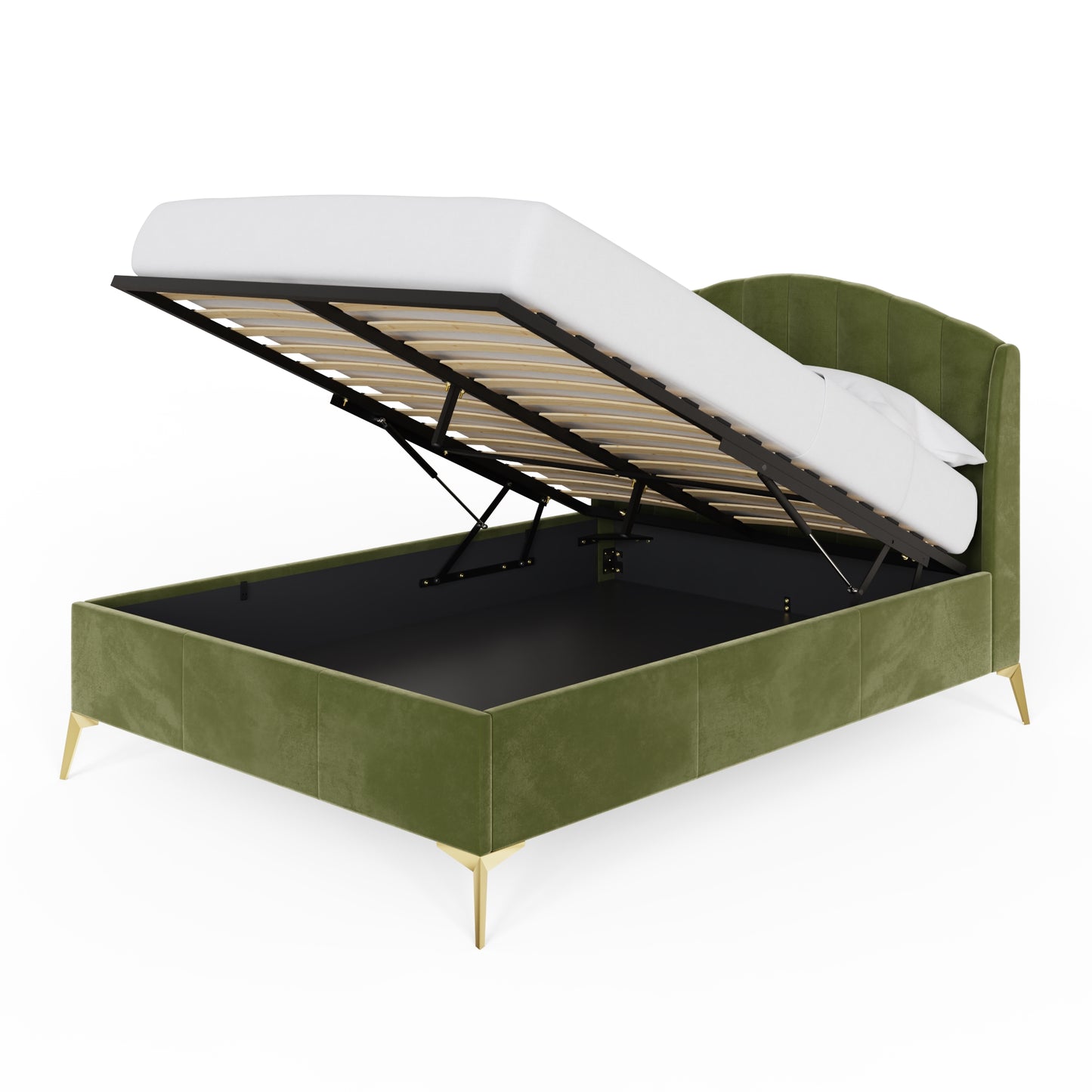 Pettine King Size Ottoman Bed Wood & Fabric Green 5 x 7ft