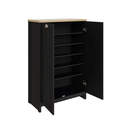Lancaster Tall Shoe Storage Black & Oak 2 Doors 6 Shelves