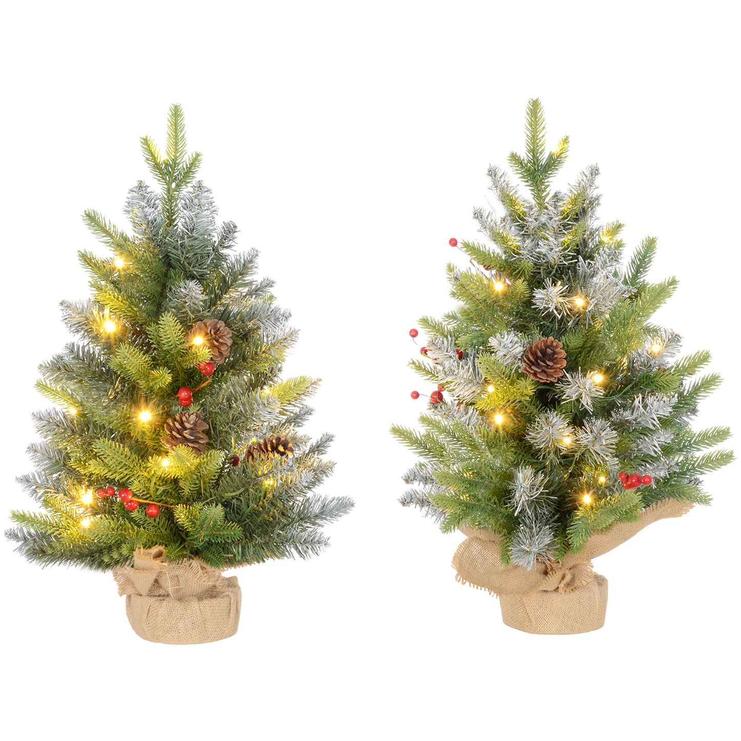 2x 2ft Burlap Base Christmas Tree Artificial - White Frosted Green with LED Lights Warm White 141 Tips Primary Image