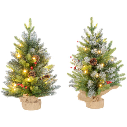 2x 2ft Burlap Base Christmas Tree Artificial - White Frosted Green with LED Lights Warm White 141 Tips Primary Image