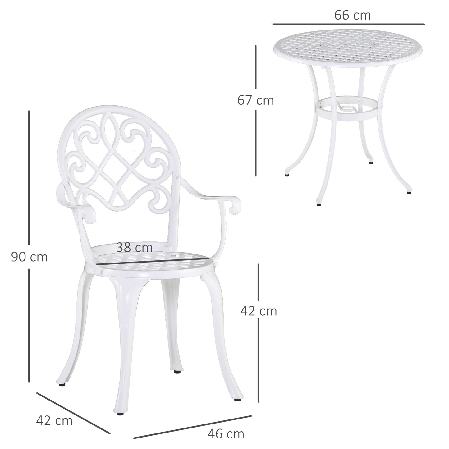 3-Piece Garden Bistro Set Cast Aluminium Round Table with 2 Chairs for Outdoor Patio Balcony White
