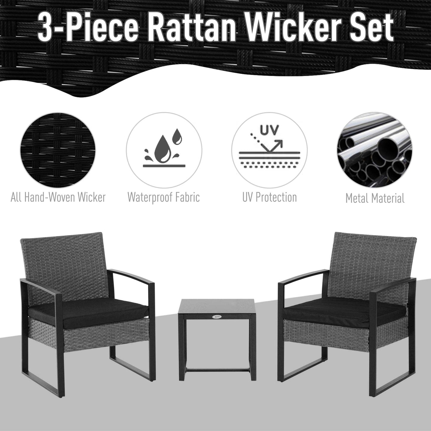 2 Seater Rattan Patio Set W/ Cushions-Grey/Black