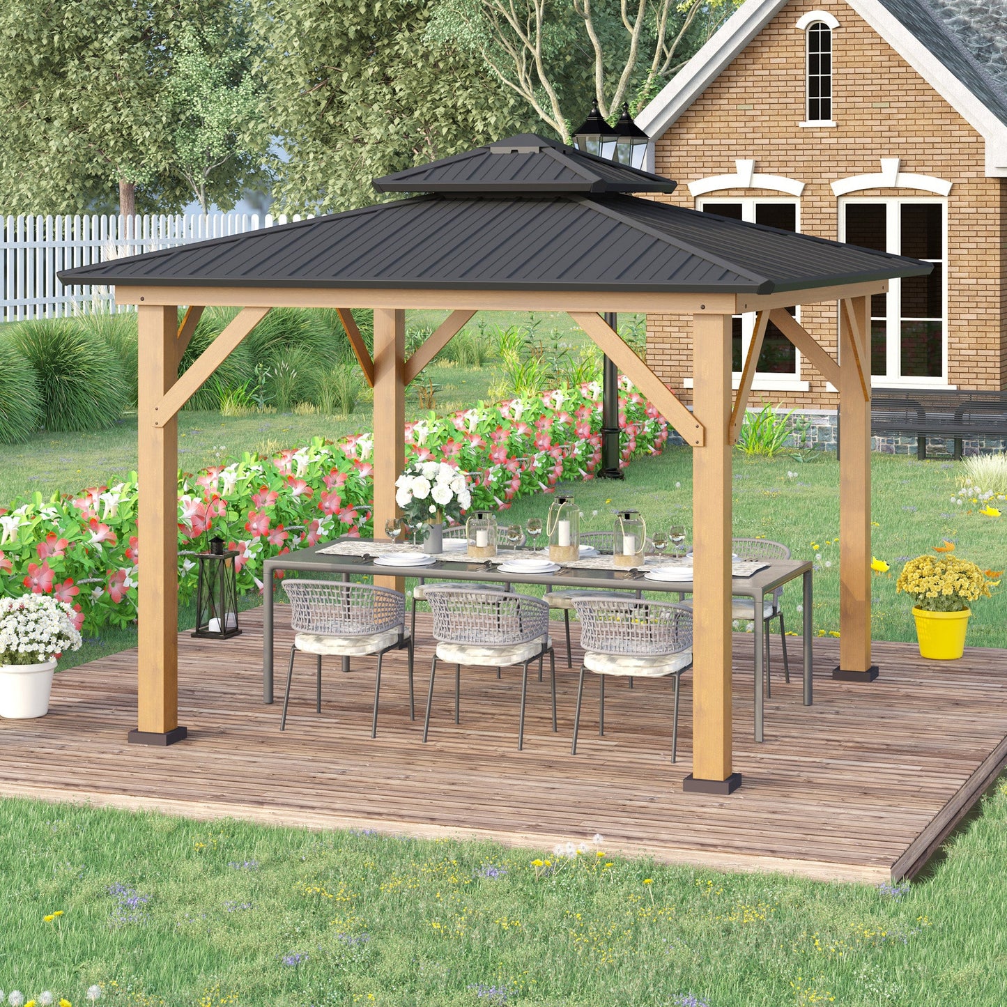 3.5 x 3.5m Outdoor Hardtop Gazebo Canopy with Two-tier Metal Roof and Solid Wood Frame Outdoor Patio Shelter for Patio