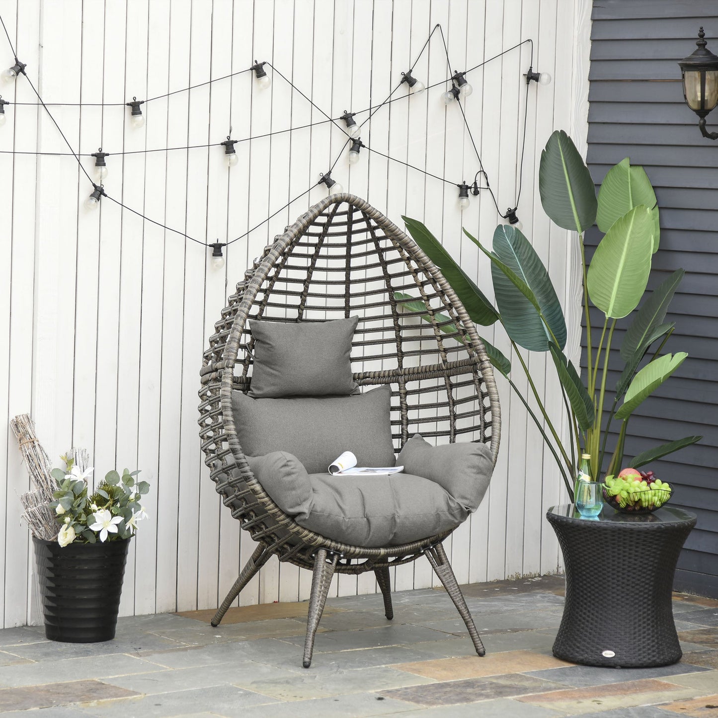 Teardop PE Wicker Rattan Chair w/ Thick Cushions 4 Legs Outdoor Seat Egg Garden