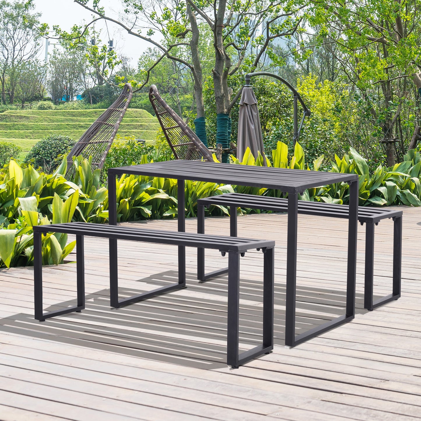 Outdoor 3-Piece Metal Picnic Table and 2 Benches Set Dining Trestle Beer Table Patio Garden Furniture Black