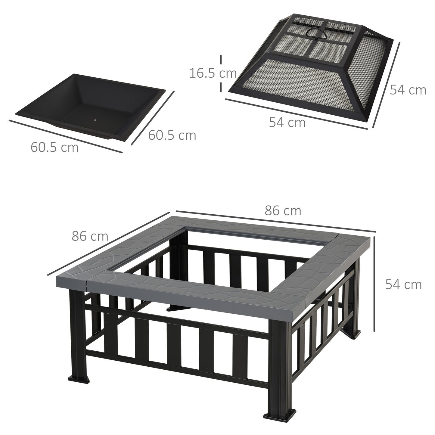 Metal Large Firepit Outdoor Square Fire Pit Brazier w/ Rain Cover