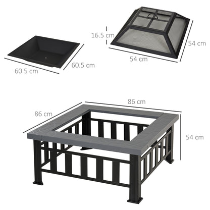 Metal Large Firepit Outdoor Square Fire Pit Brazier w/ Rain Cover