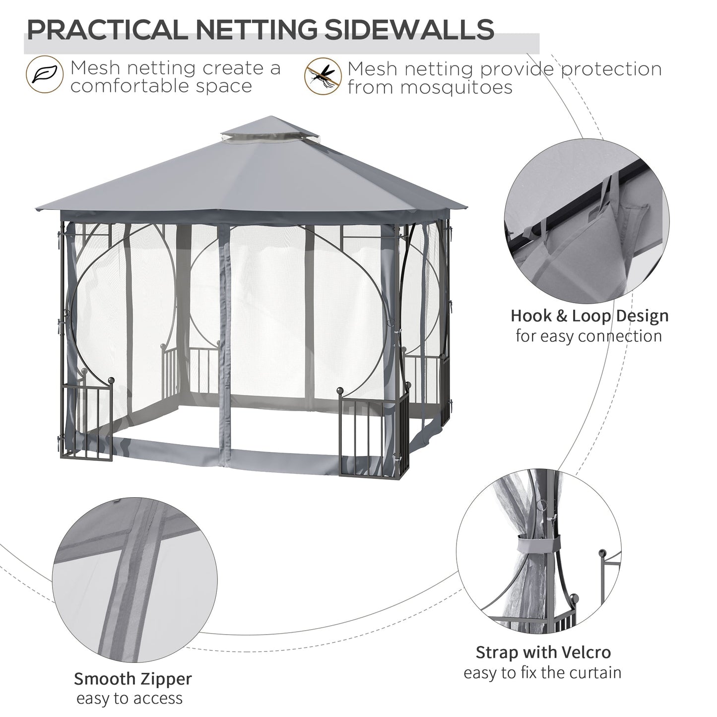 3 x 3M Garden Gazebo Patio Party Tent Shelter Outdoor Canopy Double Tier Sun Shade Metal Frame Netting Light Grey