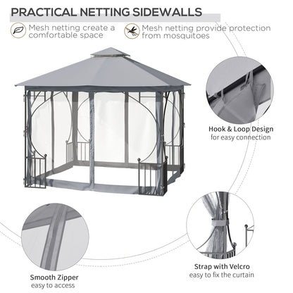 3 x 3M Garden Gazebo Patio Party Tent Shelter Outdoor Canopy Double Tier Sun Shade Metal Frame Netting Light Grey