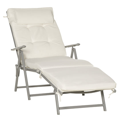 Outdoor Patio Sun Lounger Garden Textilene Foldable Reclining Chair Pillow Adjustable Recliner with Cushion - Cream White Primary Image