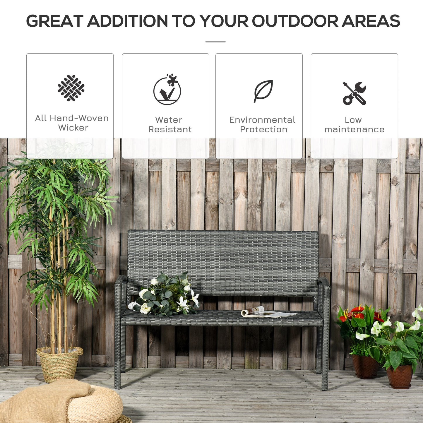 Patio Rattan 2 Seater Garden Bench Wicker Weave Love Seater Armchair Furniture Outdoor Garden Conservatory Chair Grey