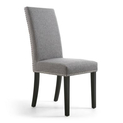 Pair Of Grey Linen Effect Dining Chairs Stud Detail Black Rubberwood Legs