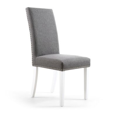 Pair Of Grey Linen Effect Dining Chairs Stud Detail White Rubberwood Legs