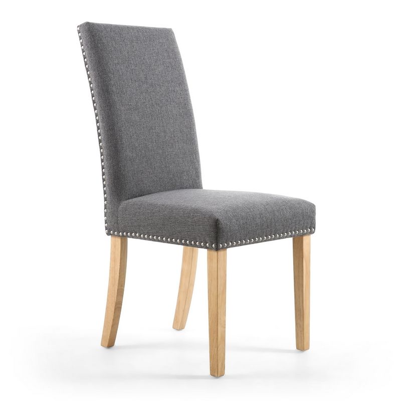 Pair of Grey Linen Effect Dining Chairs Stud Detail - Natural Rubberwood Legs
