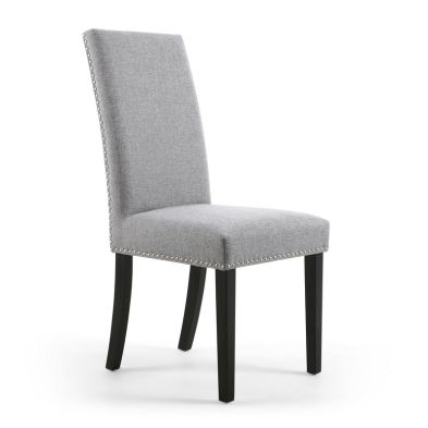 Pair Of Light Grey Linen Effect Dining Chairs Stud Detail Black Rubberwood Legs