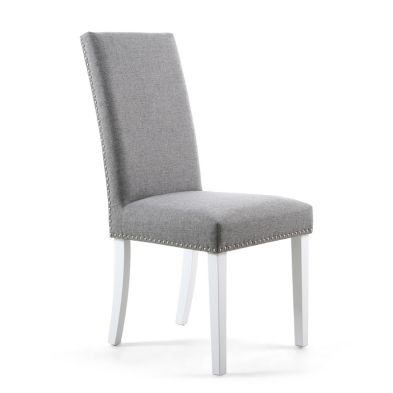 Pair Of Light Grey Linen Effect Dining Chairs Stud Detail White Rubberwood Legs
