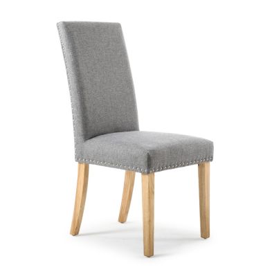 Pair Of Light Grey Linen Effect Dining Chairs Stud Detail Natural Rubberwood Legs