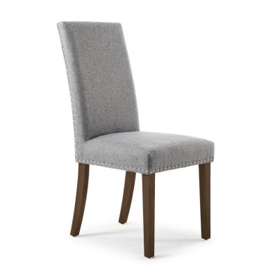 Pair Of Light Grey Linen Effect Dining Chairs Stud Detail Brown Rubberwood Legs