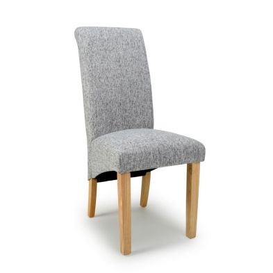 Pair Of Roll Back Dining Chairs Wood Fabric Light Grey Weave