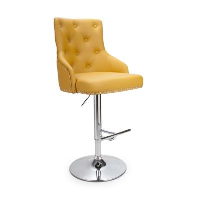 Button Back Bar Stool Adjustable Height Yellow Faux Leather