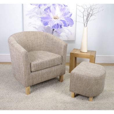 Classic Tub Armchair And Stool Set Light Brown Tweed