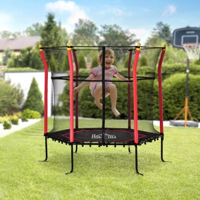 Homcom 52ft 63 Inch Kids Trampoline With Enclosure Net Mini Indoor Outdoor Trampolines For Child Toddler Age 3 10 Years Red
