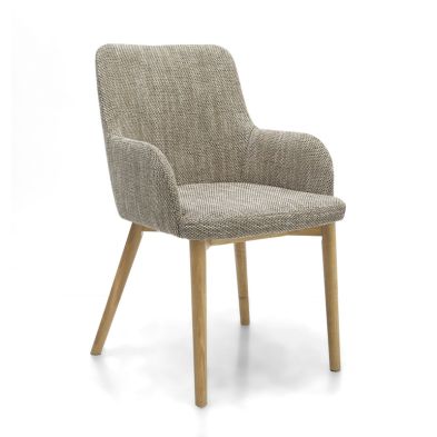 Pair Of Contemporary Dining Chairs Wood Tweed Effect Beige Fabric