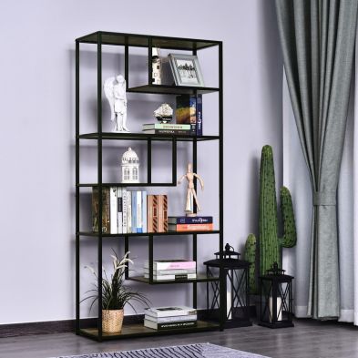 Homcom Wood Shelf Bookcase Industrial Style Stand 6 Staggered Shelf Living Room Display Rack Organiser