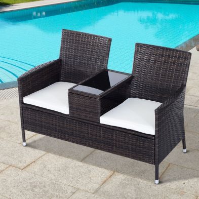 Outsunny 2 Seater Rattan Chair Furniture Set With Middle Tea Table Brown