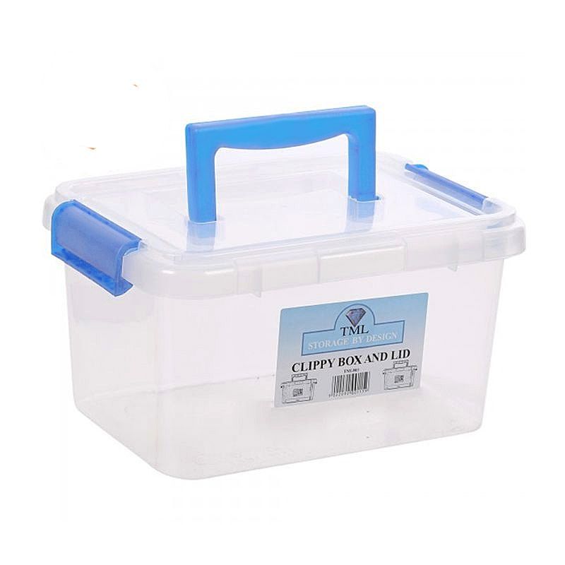 3.5L TML Stacking Plastic Storage Box Clear Clip Lid- Mid Blue Handle